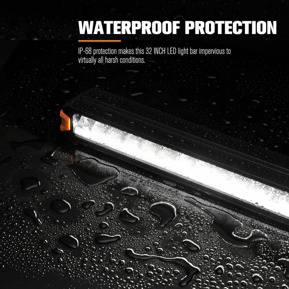 32-inch LED light bar with waterproof protection feature on a black background
