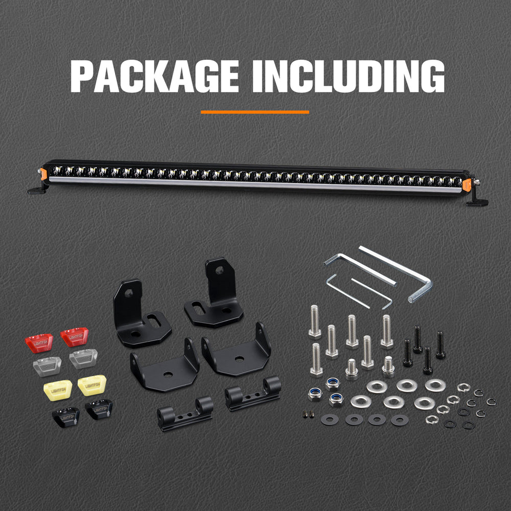 Collection of automotive parts including a LED light bar and mounting hardware on a gray background.