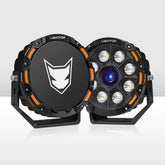 Two black and orange LED lights with a visible brand logo on a white background