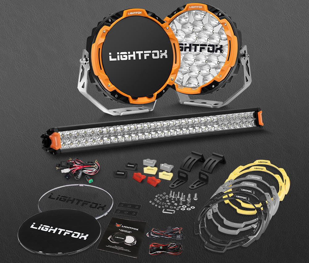 Lightfox Osram 9" LED Driving Lights + 30" Dual Row LED Light Bar w/ Wiring Kit
