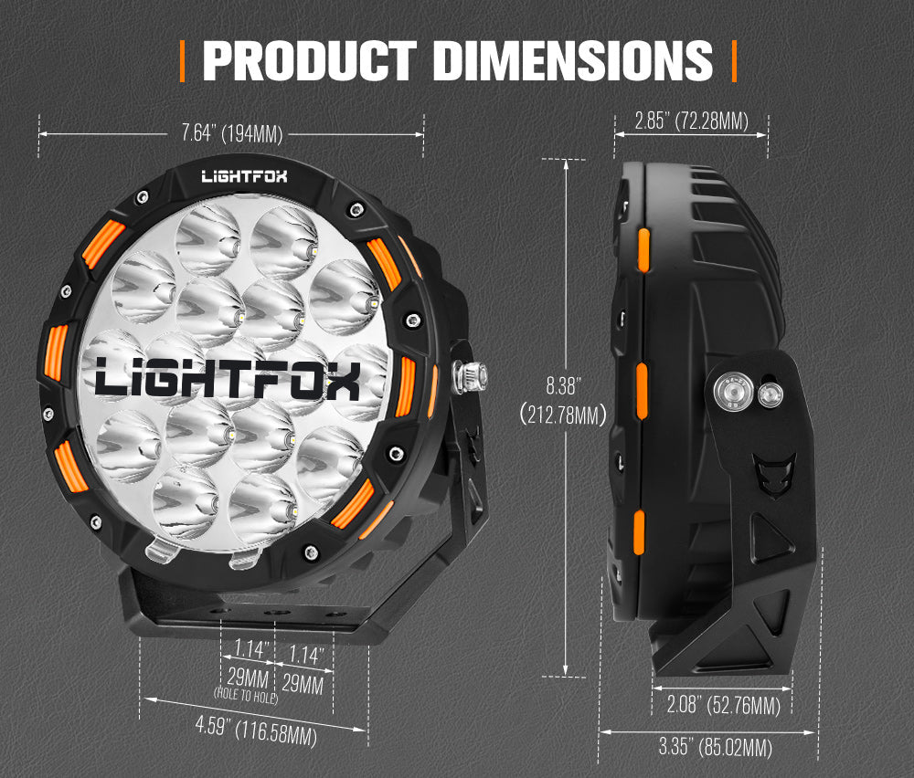 Lightfox off-road light with dimensions on a gray background
