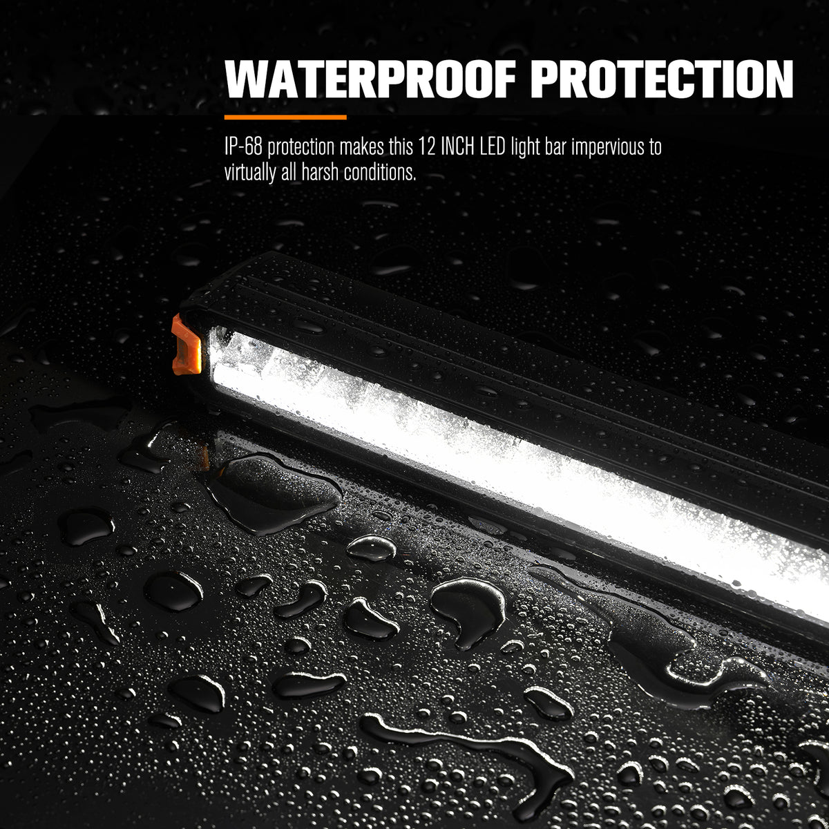 12-inch LED light bar with waterproof protection feature on a black background