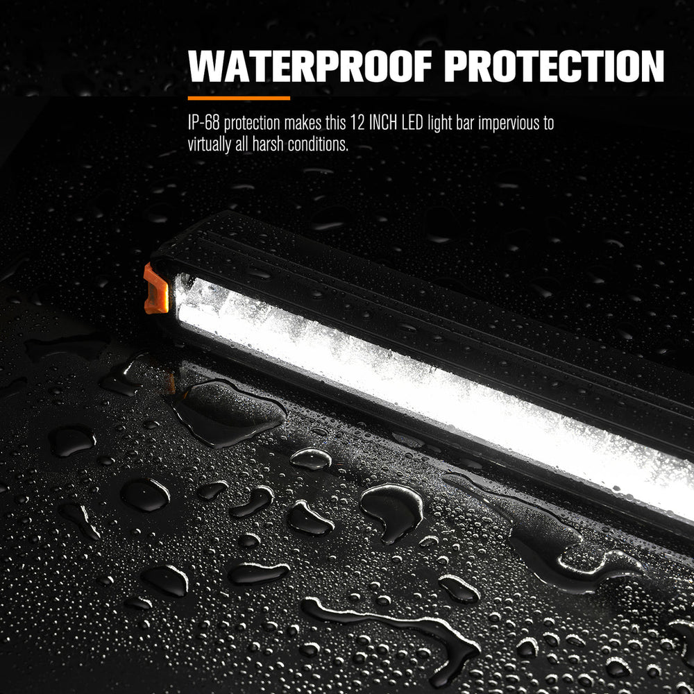 12-inch LED light bar with waterproof protection feature on a black background