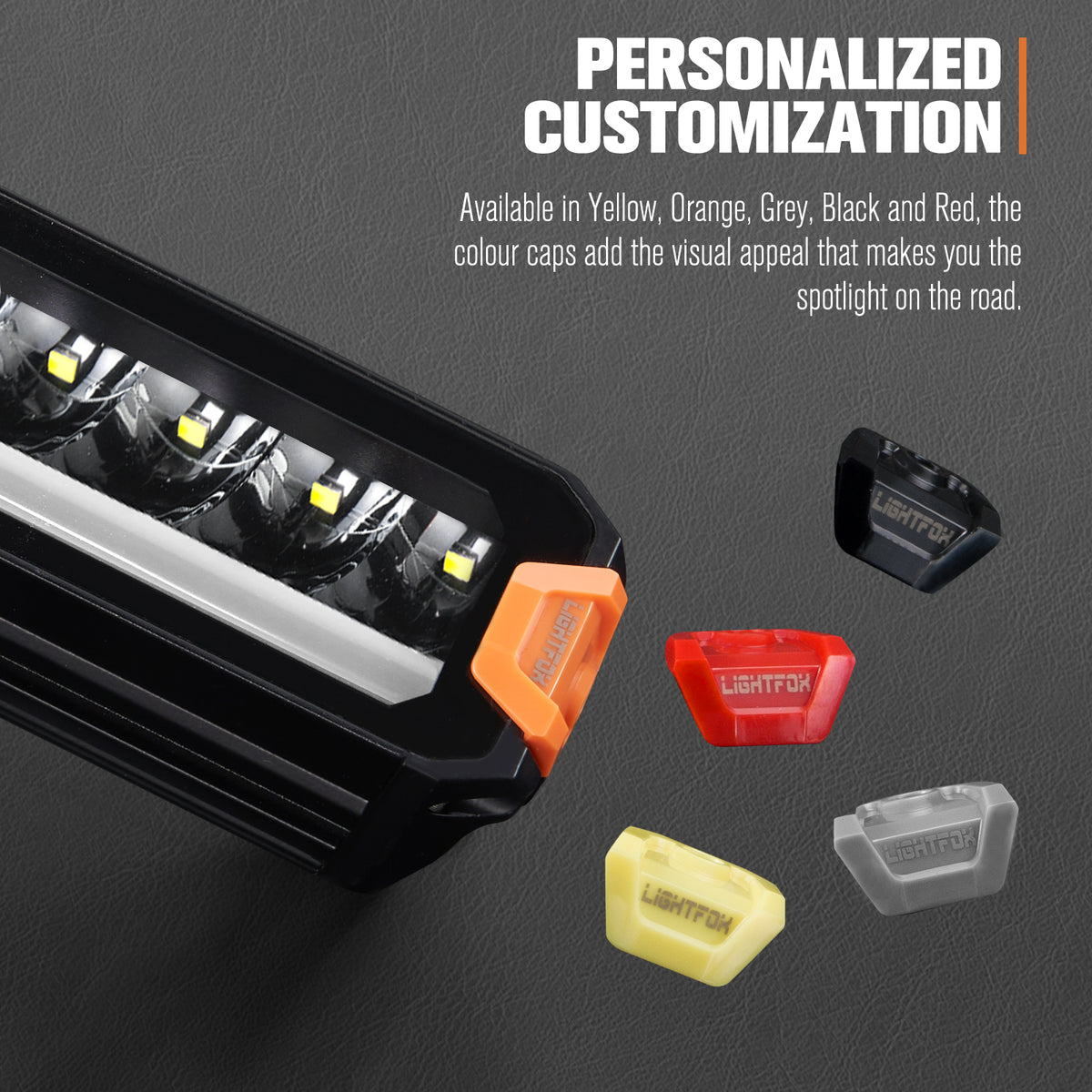 Light bar with customizable color caps on a dark background