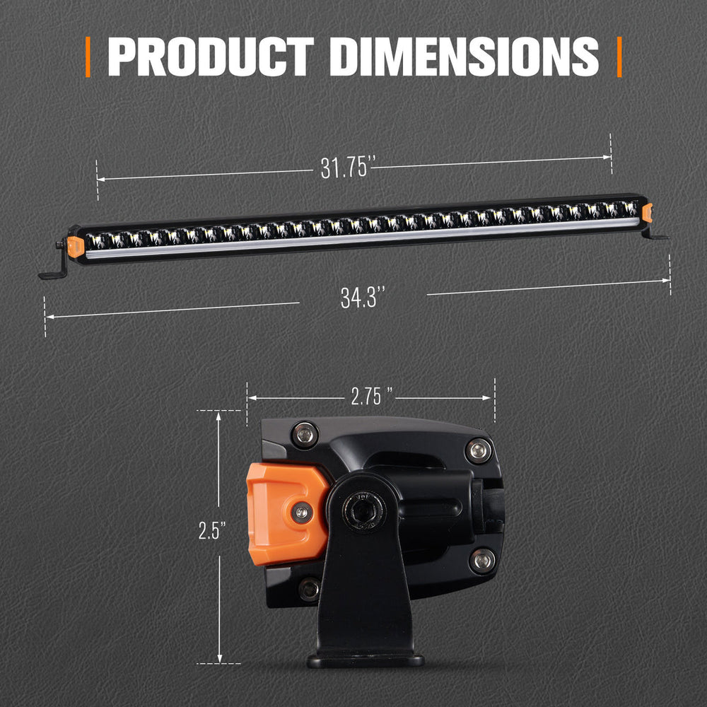 Dimensions of a light bar and mount on a gray background