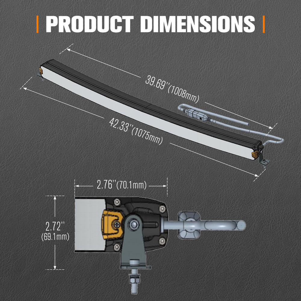 Product dimensions diagram with measurements on a gray background
