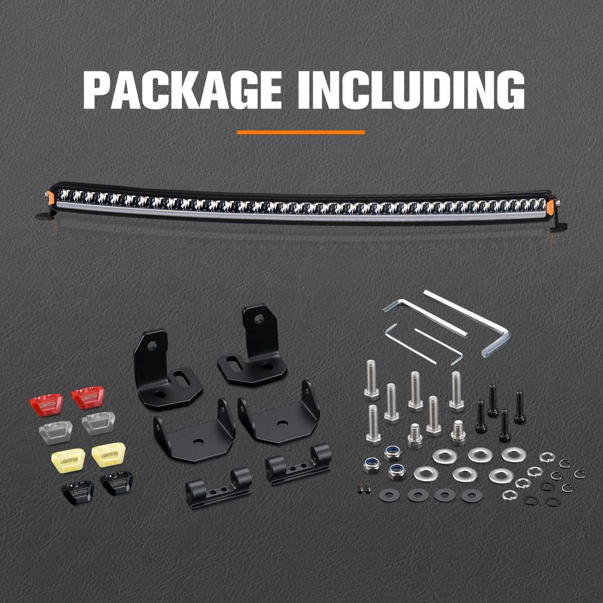 Collection of automotive parts including a LED light bar on a gray background
