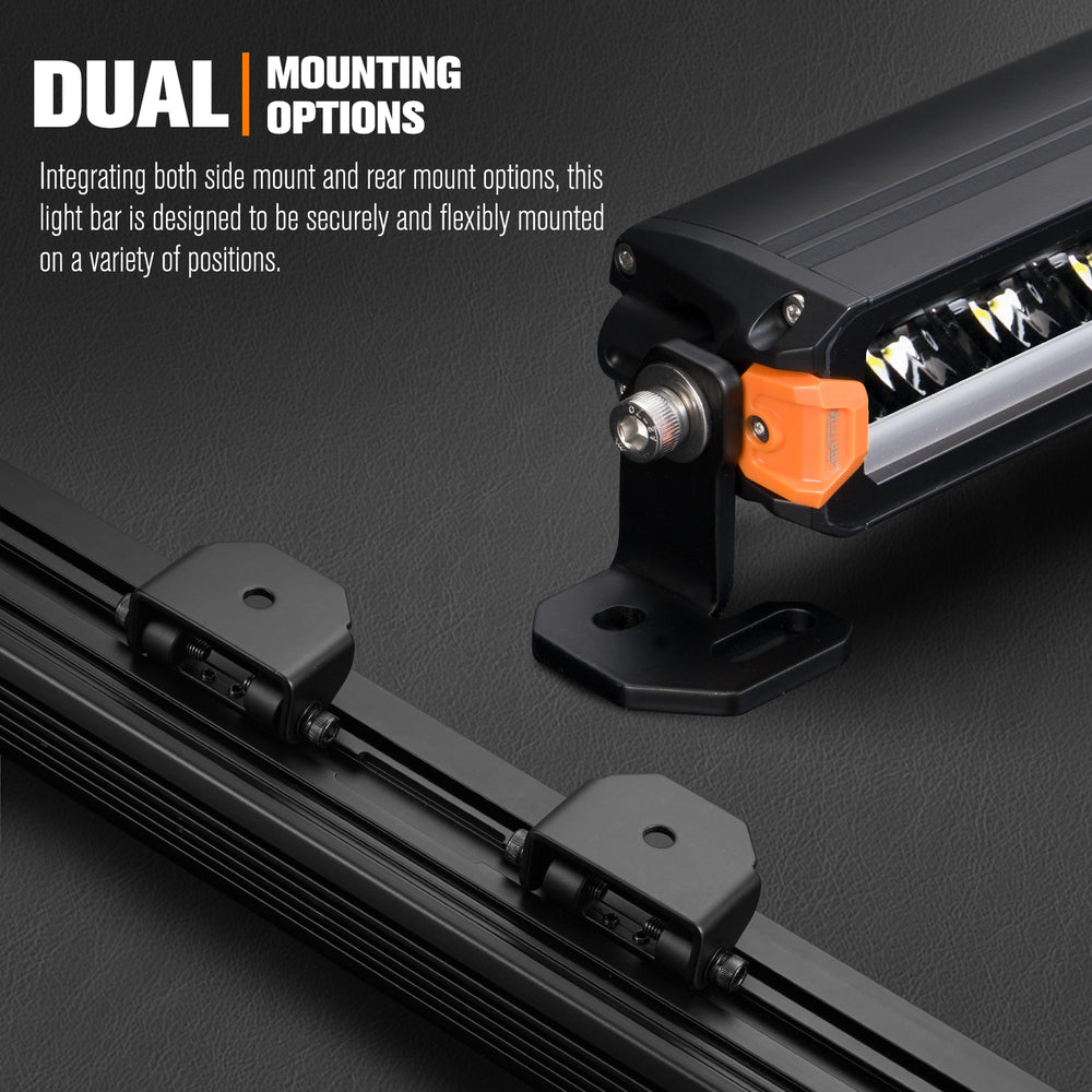 Light bar with dual mounting options on a dark background
