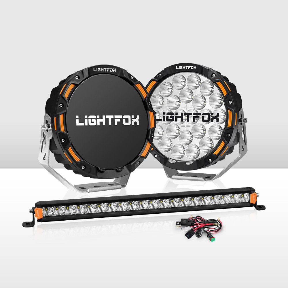 Lightfox OSRAM 9inch LED Driving Lights + 20" Single Row LED Light Bar + Wiring Kit