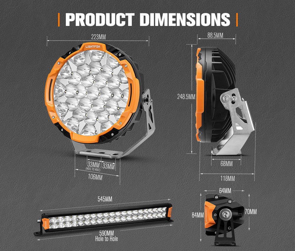 Lightfox Osram 9" LED Driving Lights + 20" Dual Row LED Light Bar w/ Wiring Kit