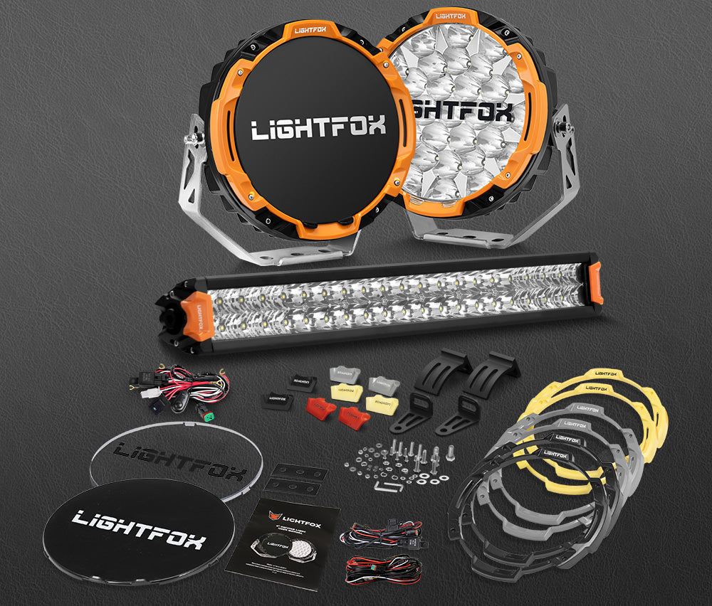Lightfox Osram 9" LED Driving Lights + 20" Dual Row LED Light Bar w/ Wiring Kit