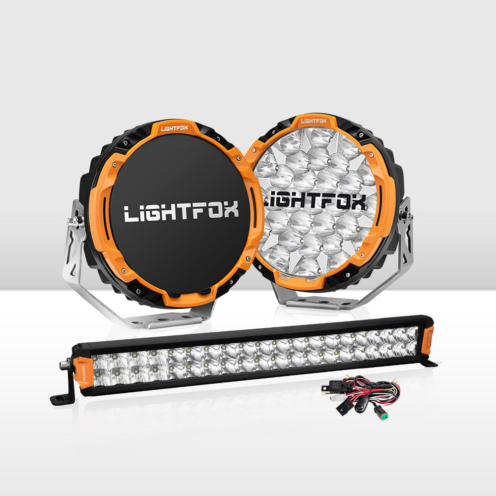 Lightfox Osram 9" LED Driving Lights + 20" Dual Row LED Light Bar w/ Wiring Kit