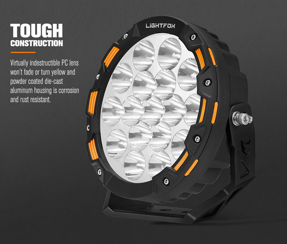 Round LED work light with black and orange design on a dark background, featuring the brand 'LIGHTFOX'.