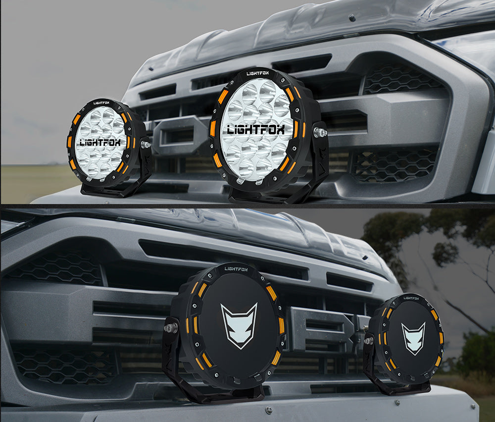 Lightfox off-road lights on a vehicle with a gray background