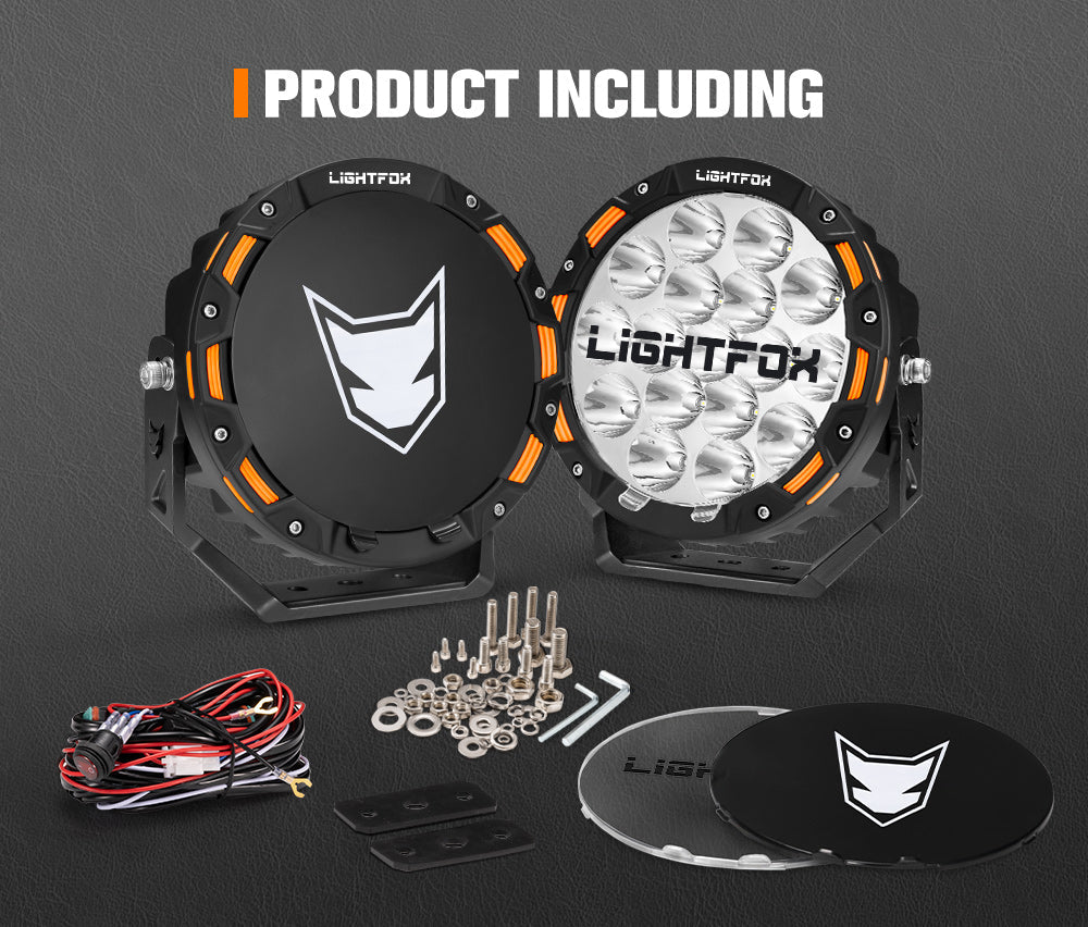 Lightfox off-road lights with accessories on a dark background