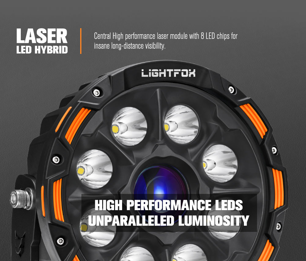 Lightfox laser LED hybrid light module on a dark background