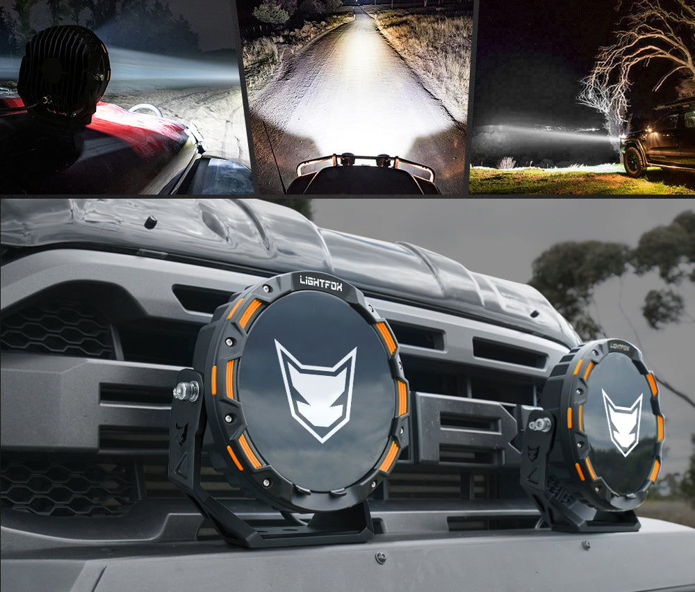 Two large round lights on a vehicle with a collage of light usage scenarios.