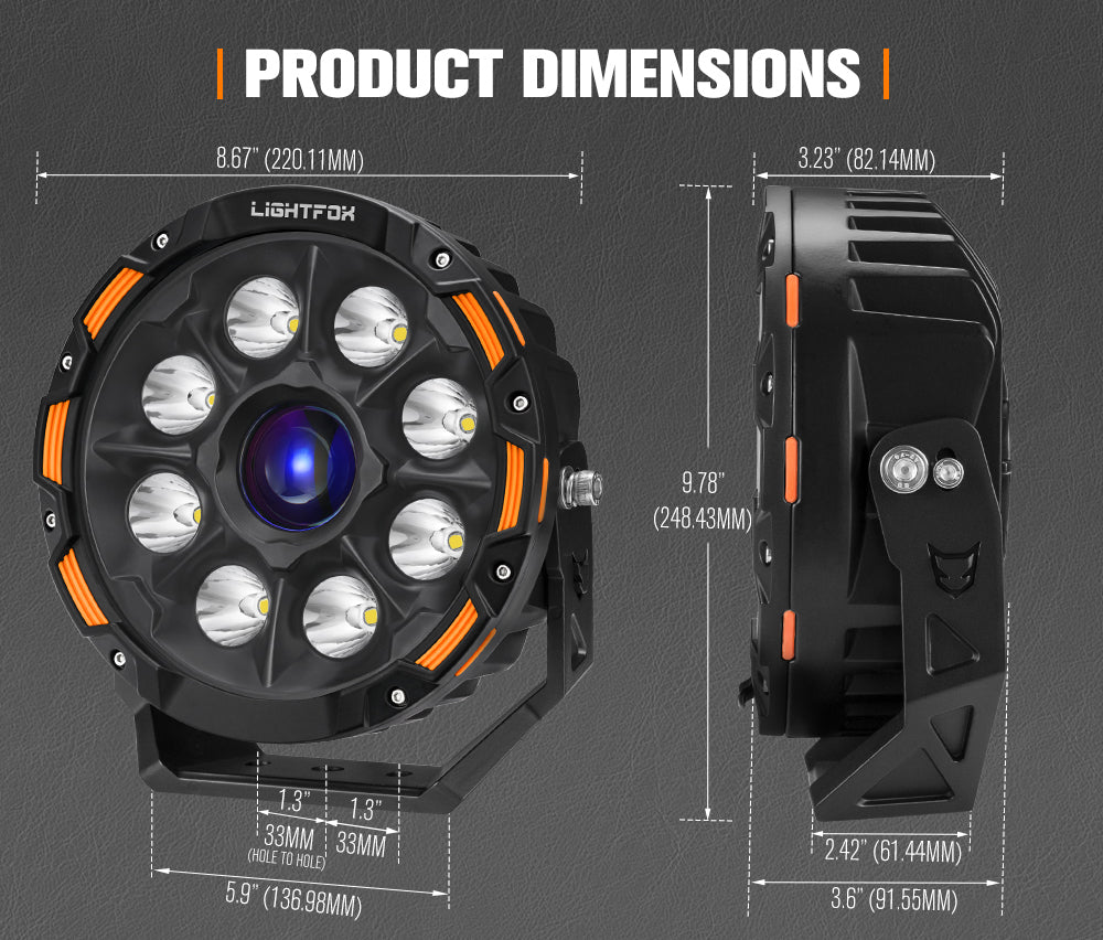 Lightfox off-road light with dimensions on a gray background