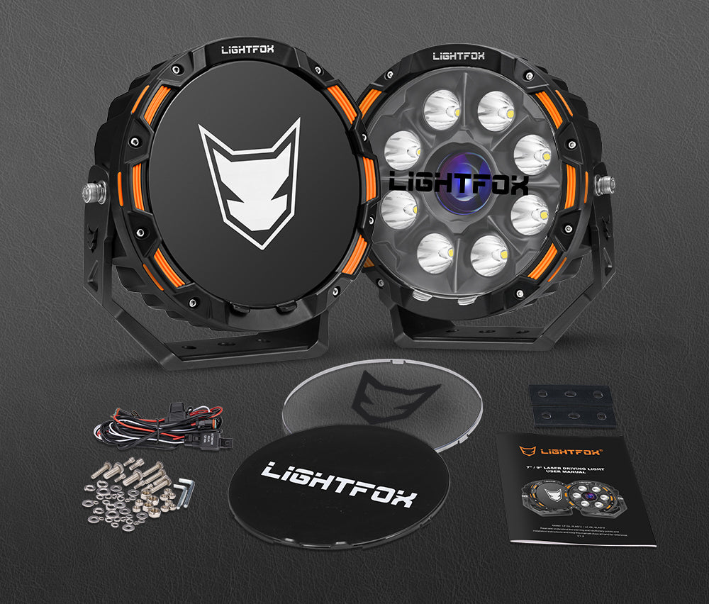Lightfox off-road lights with accessories on a dark background