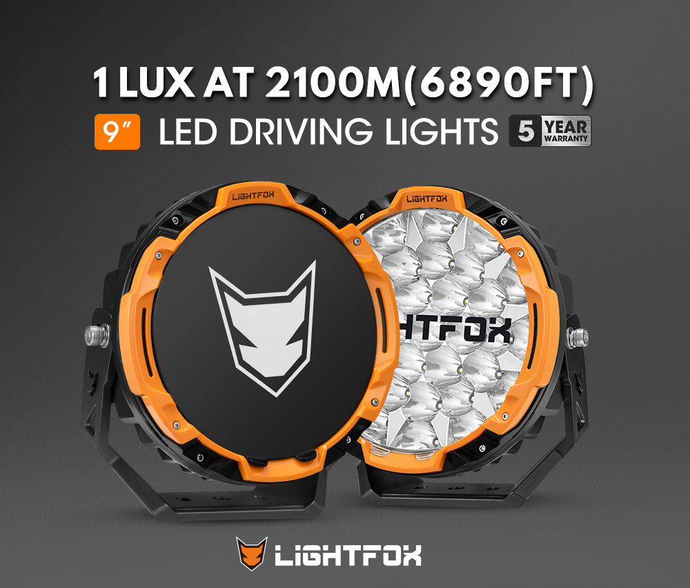 LED driving lights with Lightfox branding on a dark background
