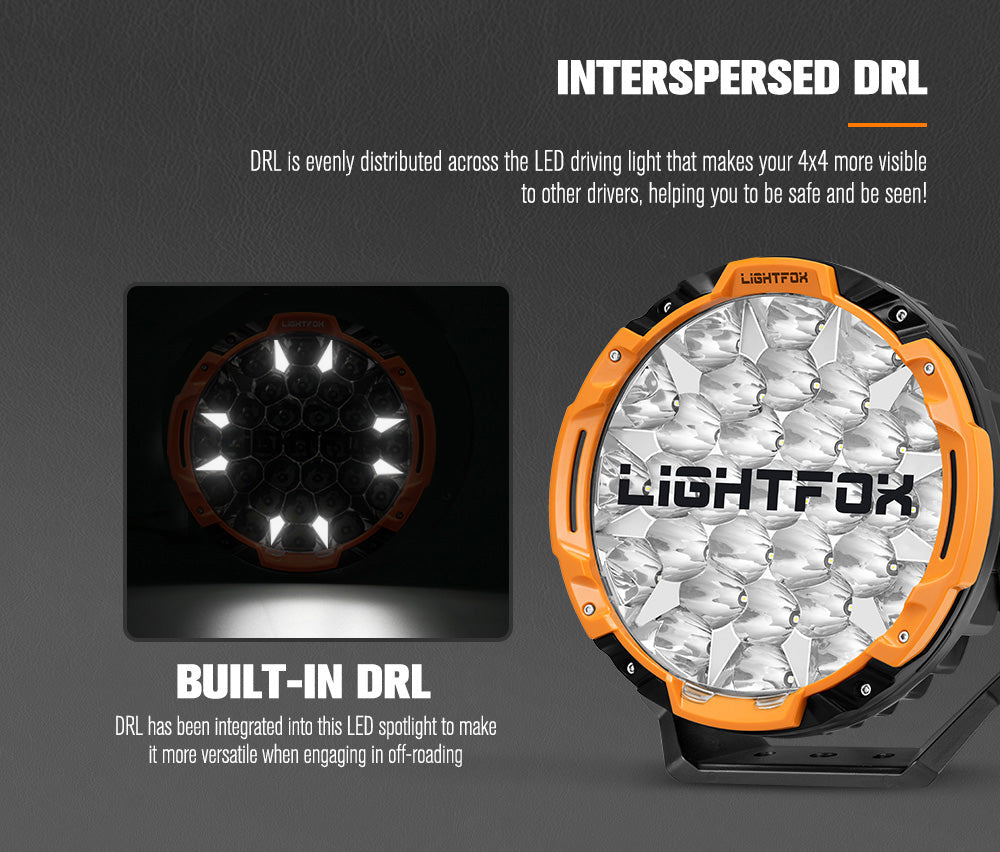 Lightfox LED driving light with interspersed DRL on a dark background