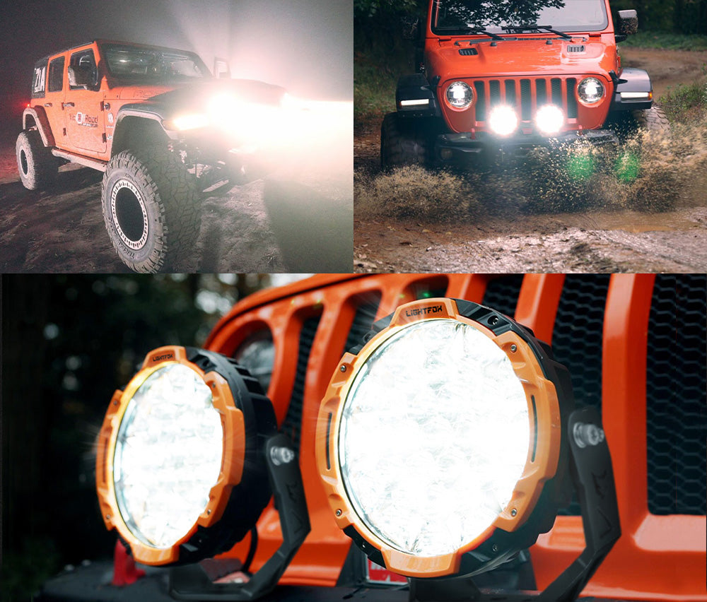 Collage of an orange off-road vehicle with headlights on, driving through water, and close-up of headlights.